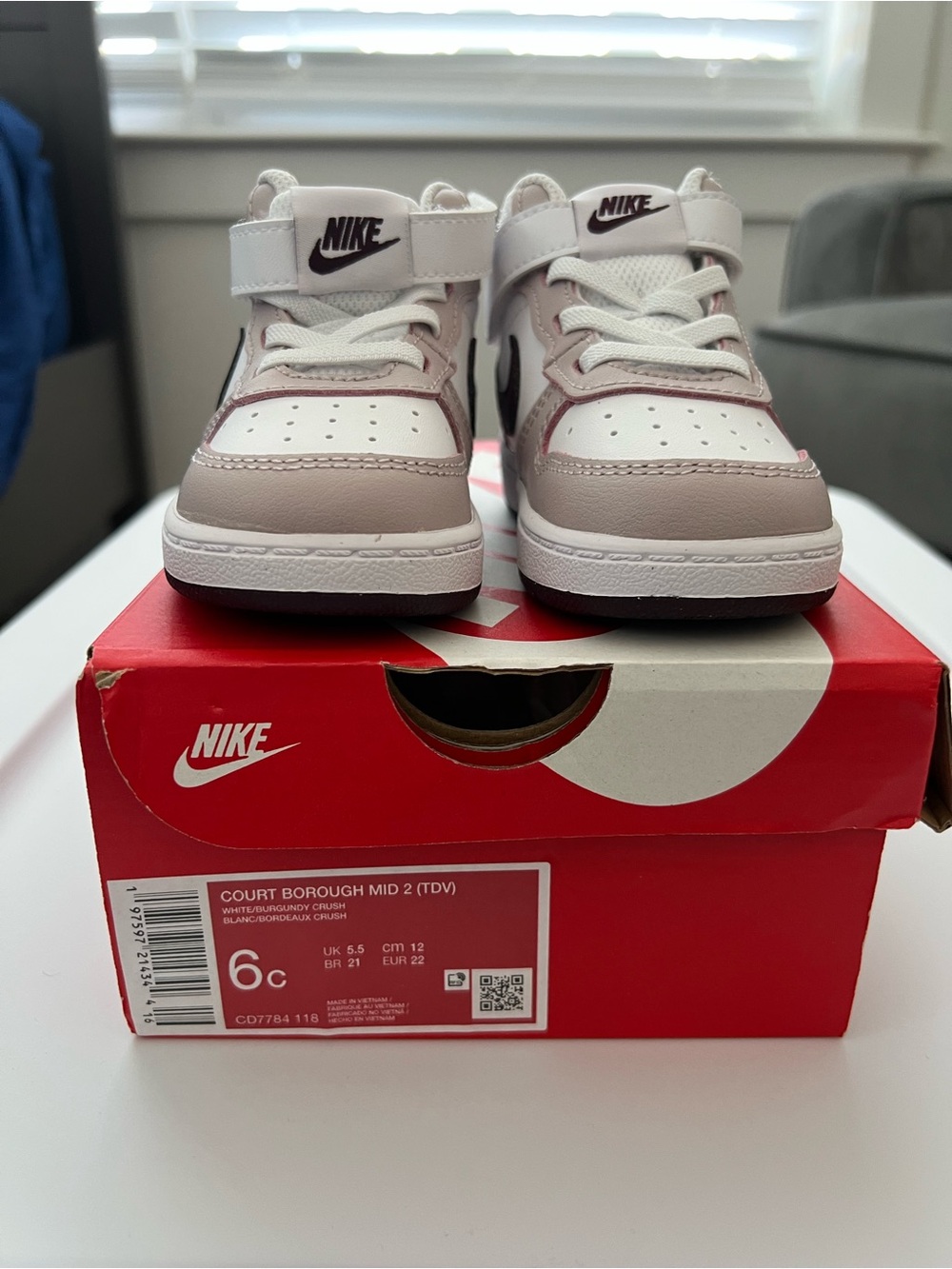 Nike Court Borough mid 2 White Burgundy Crush Sneakers 6c Toddler - Picture 2 of 8